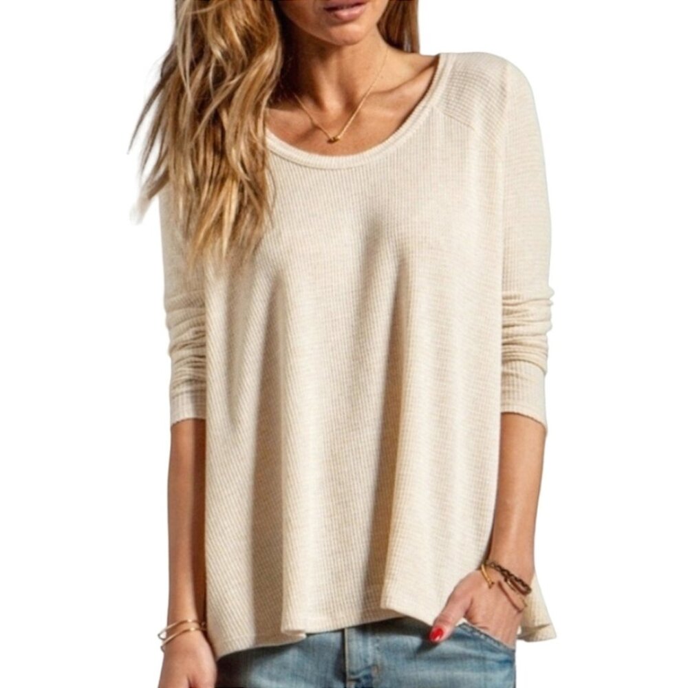 Free People Beige Waffle Knit Long Sleeve Tee